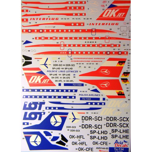 BGM-AVD144005 Begemot/AviaDecals 1/144 Tupolev Tu-134 in Europe decal sheet